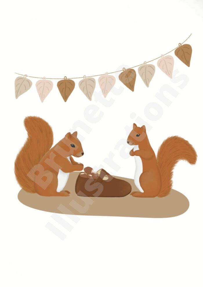 affiche écureuils avec chausson bébé