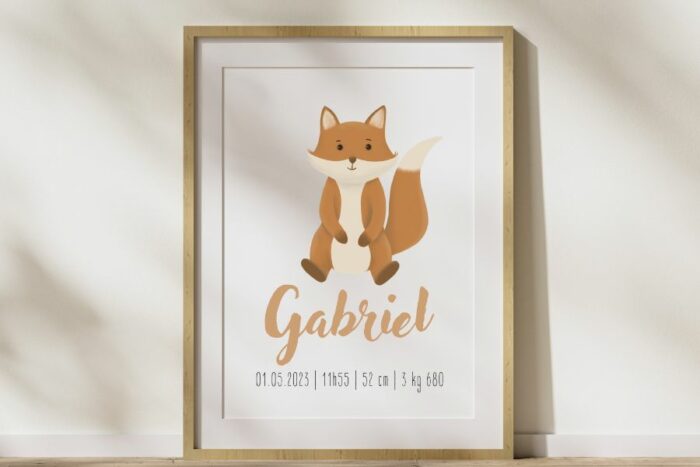 Affiche naissance personnalisable avec illustration d'un renard